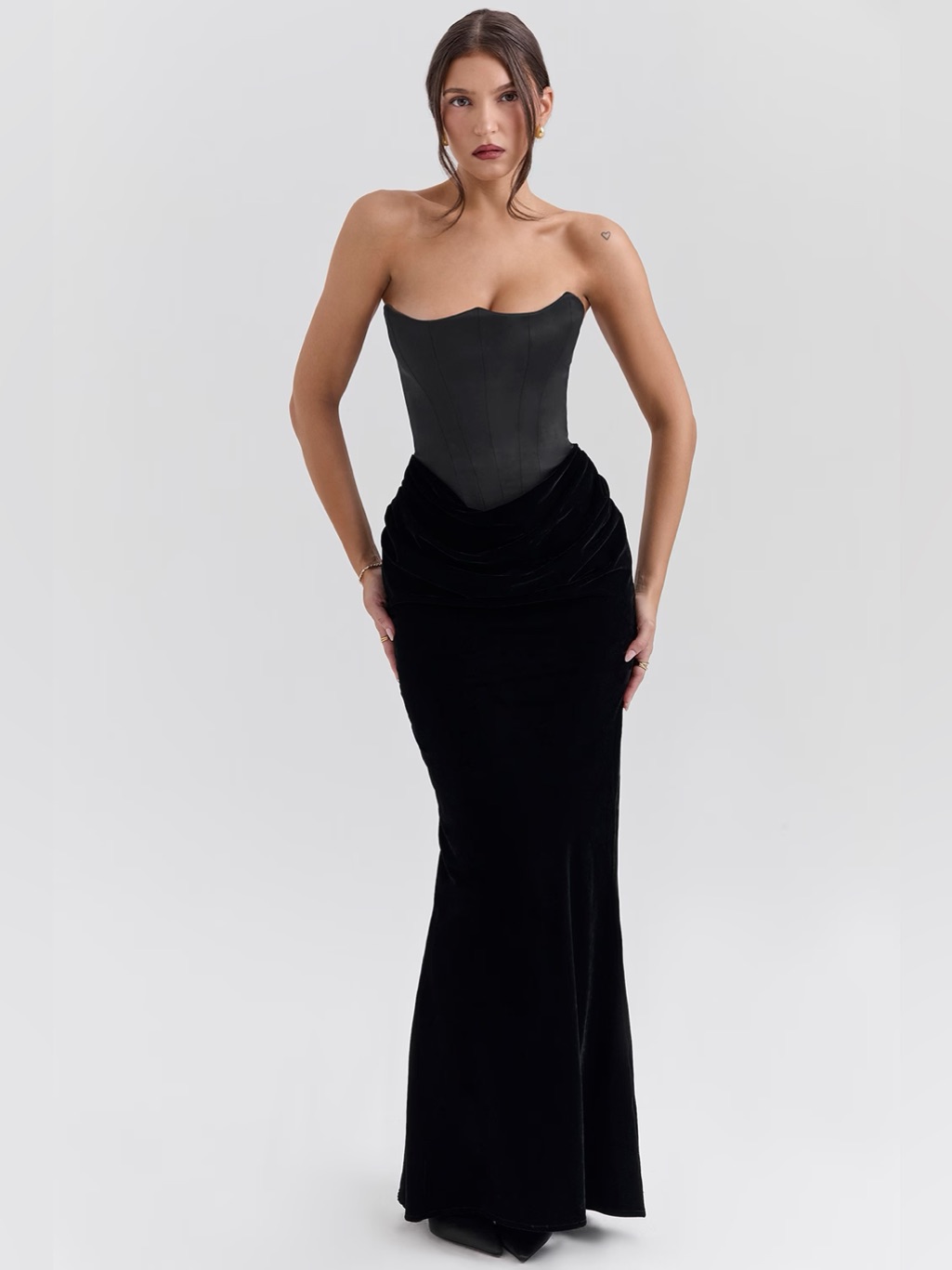 House Of Cb Persephone Dress Black Velvet Strapless Corset Maxi Dress